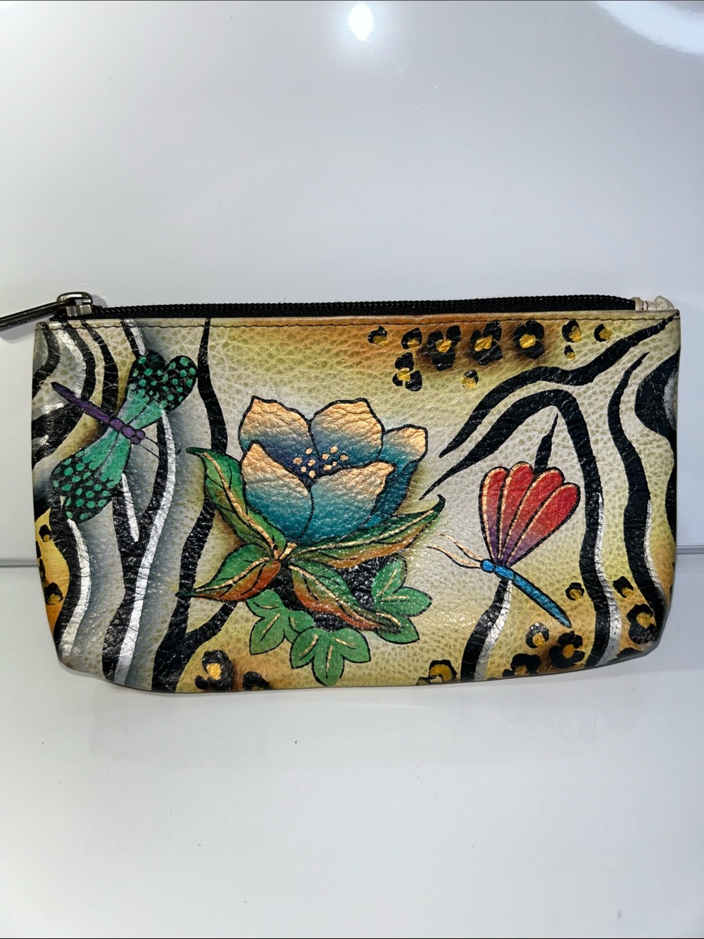 Anuschka Genuine Hand Painted Leather Floral Theme Zipper Pouch